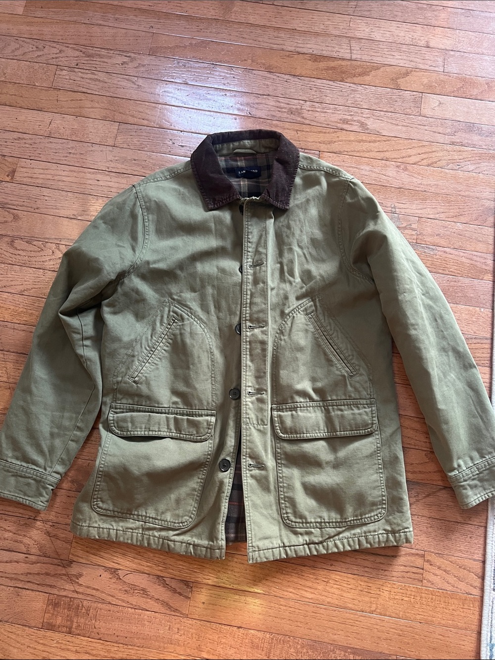 Lands’ End Men’s M 38-40 Olive Barn Coat Chore Jacket Plaid Lined Corduroy